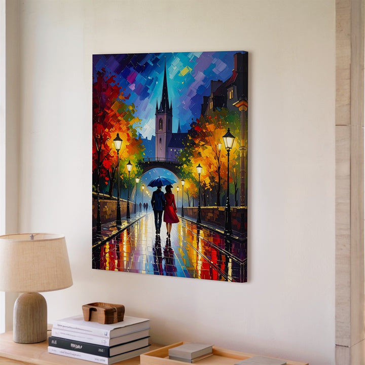 Romantic Night Walk Canvas – Impressionist Couple Under Umbrella with Glowing Streetlights - Gifitto