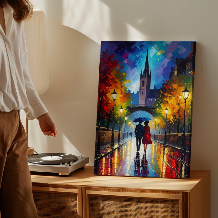 Romantic Night Walk Canvas – Impressionist Couple Under Umbrella with Glowing Streetlights - Gifitto