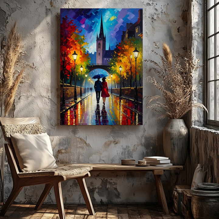 Romantic Night Walk Canvas – Impressionist Couple Under Umbrella with Glowing Streetlights - Gifitto