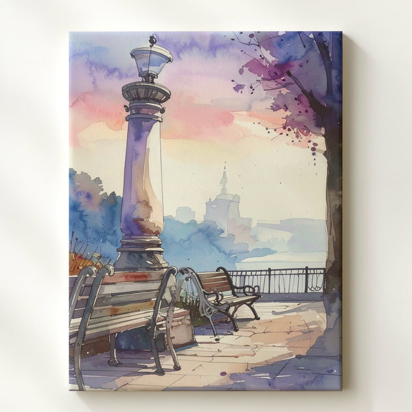 Serene Urban Park Canvas – Soft Watercolor of Vintage Streetlamp and Benches - Gifitto