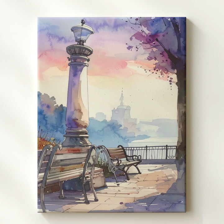 Serene Urban Park Canvas – Soft Watercolor of Vintage Streetlamp and Benches - Gifitto