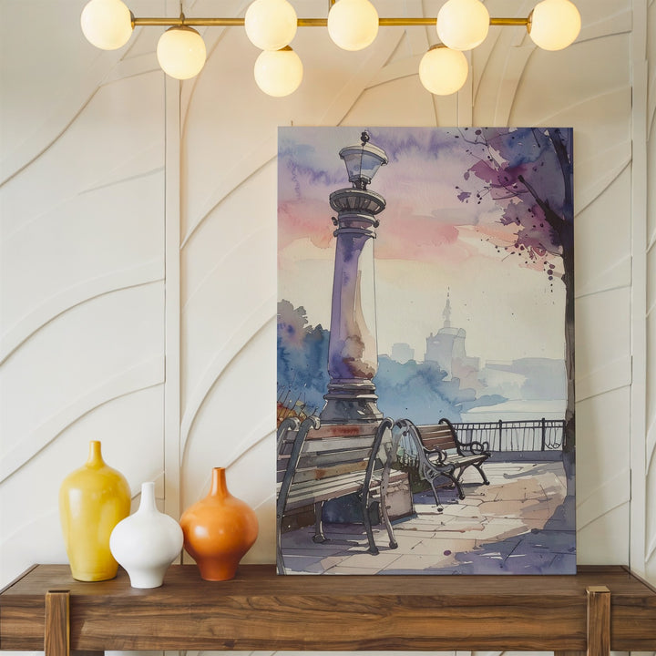 Serene Urban Park Canvas – Soft Watercolor of Vintage Streetlamp and Benches - Gifitto