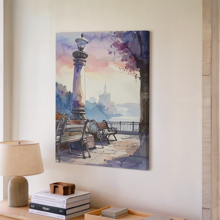 Serene Urban Park Canvas – Soft Watercolor of Vintage Streetlamp and Benches - Gifitto