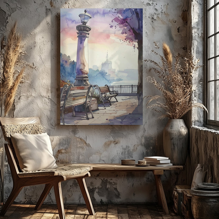 Serene Urban Park Canvas – Soft Watercolor of Vintage Streetlamp and Benches - Gifitto