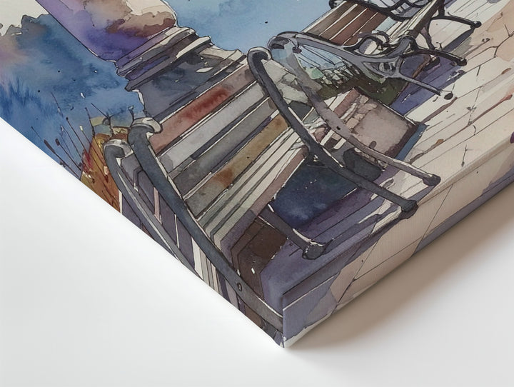Serene Urban Park Canvas – Soft Watercolor of Vintage Streetlamp and Benches - Gifitto