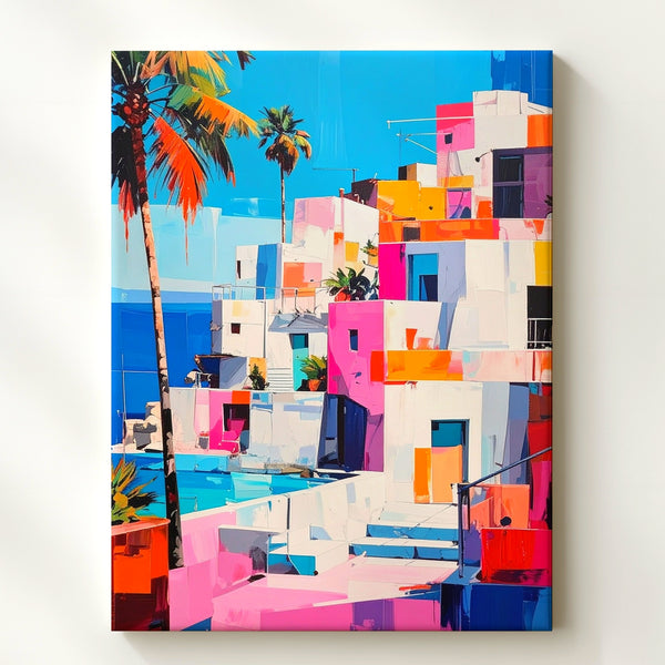 Mediterranean Village Canvas – Colorful Coastal Scene with Bold Geometric Architecture - Gifitto