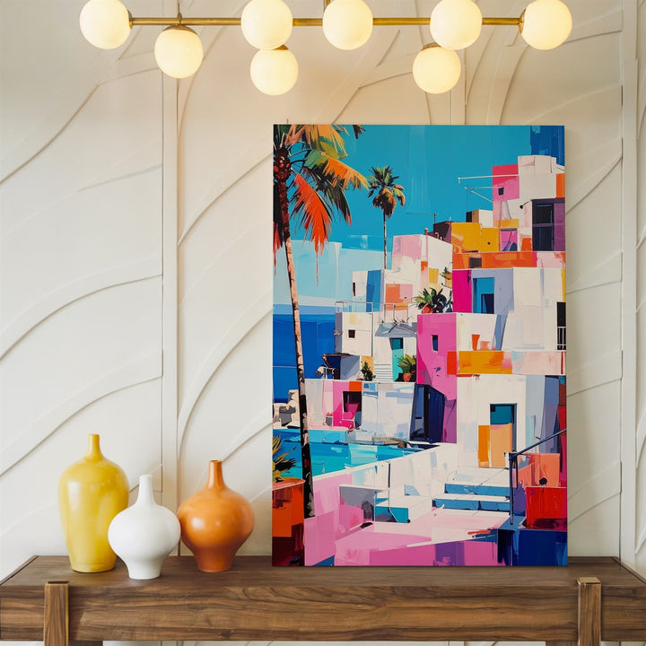 Mediterranean Village Canvas – Colorful Coastal Scene with Bold Geometric Architecture - Gifitto