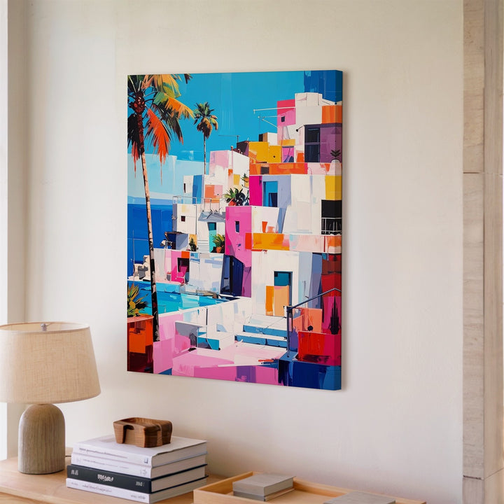 Mediterranean Village Canvas – Colorful Coastal Scene with Bold Geometric Architecture - Gifitto