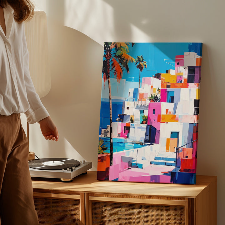 Mediterranean Village Canvas – Colorful Coastal Scene with Bold Geometric Architecture - Gifitto