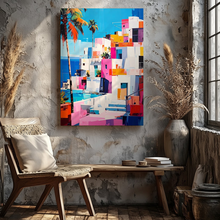 Mediterranean Village Canvas – Colorful Coastal Scene with Bold Geometric Architecture - Gifitto