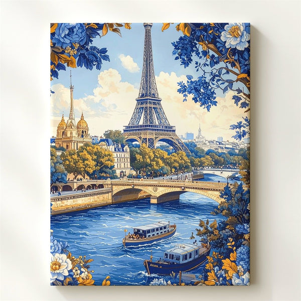 Vintage Paris Canvas – Blue-and-Gold Illustration of the Eiffel Tower and Seine River - Gifitto