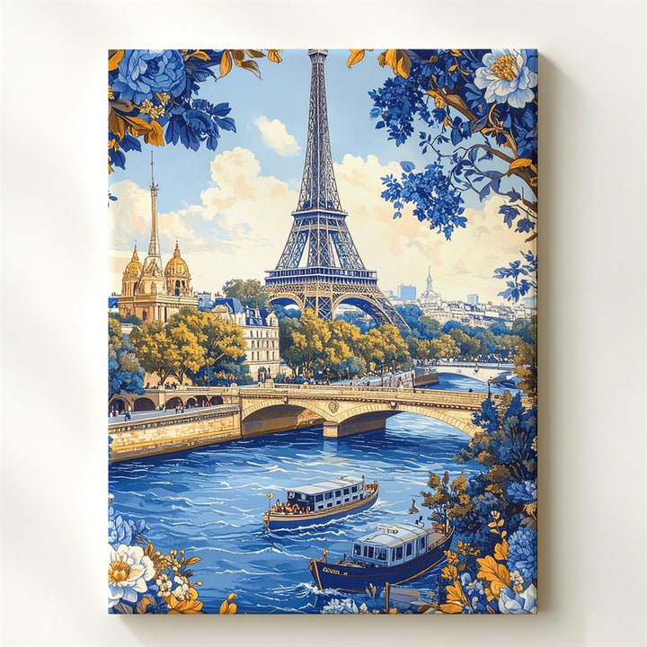 Vintage Paris Canvas – Blue-and-Gold Illustration of the Eiffel Tower and Seine River - Gifitto