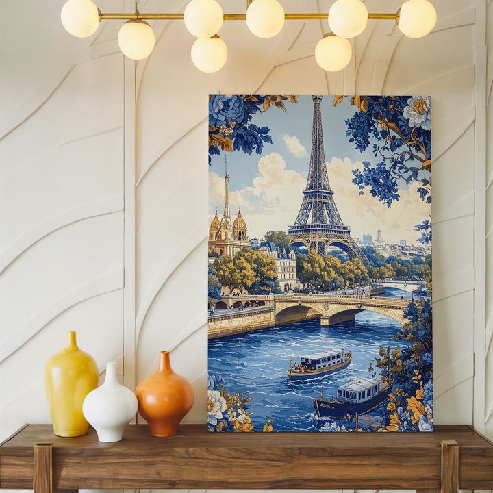 Vintage Paris Canvas – Blue-and-Gold Illustration of the Eiffel Tower and Seine River - Gifitto