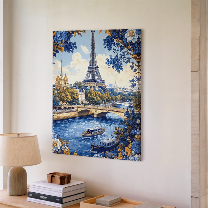 Vintage Paris Canvas – Blue-and-Gold Illustration of the Eiffel Tower and Seine River - Gifitto