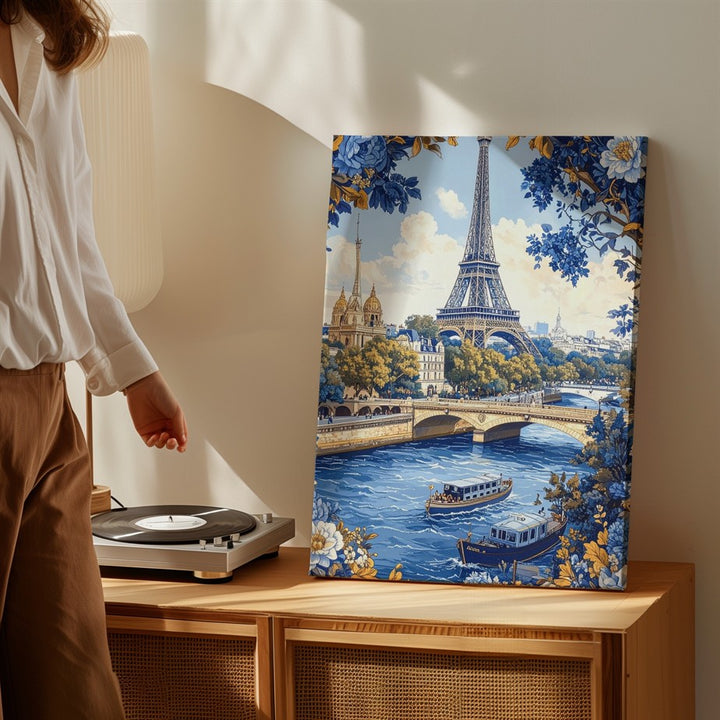 Vintage Paris Canvas – Blue-and-Gold Illustration of the Eiffel Tower and Seine River - Gifitto
