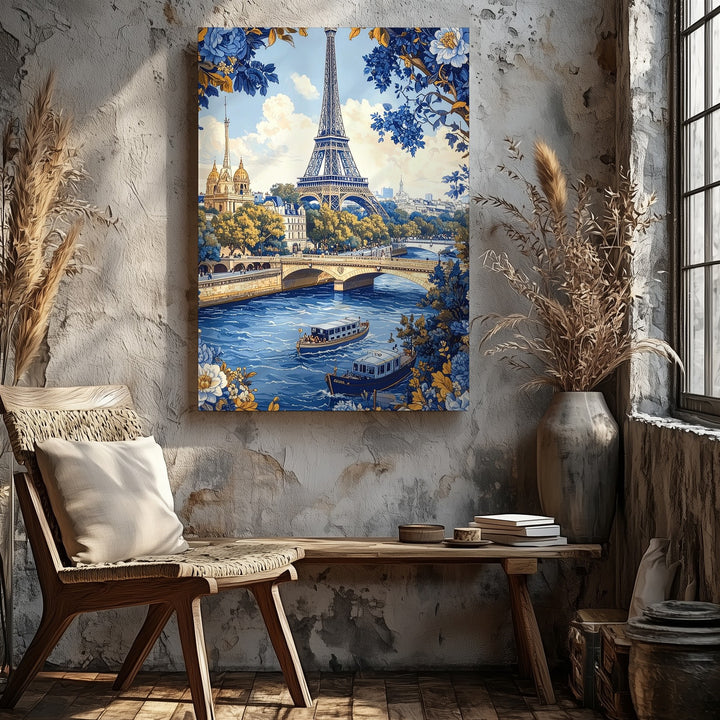 Vintage Paris Canvas – Blue-and-Gold Illustration of the Eiffel Tower and Seine River - Gifitto