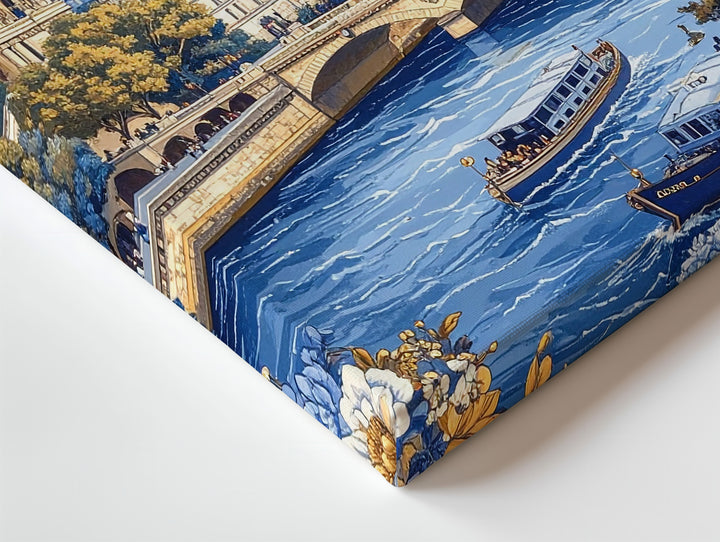 Vintage Paris Canvas – Blue-and-Gold Illustration of the Eiffel Tower and Seine River - Gifitto