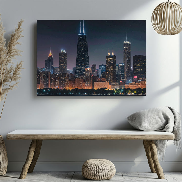 Chicago Skyline at Night Canvas – Modern Cityscape with Willis Tower - Gifitto