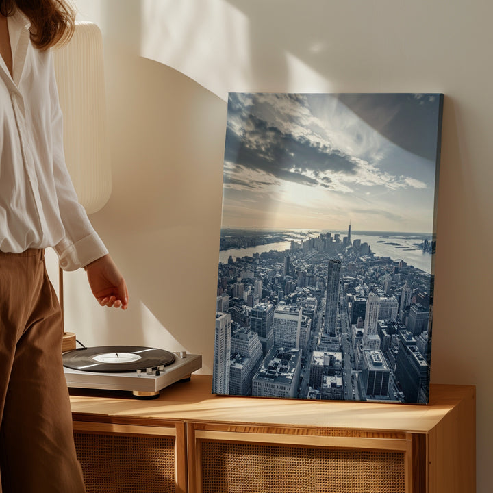 Urban Cityscape at Sunset Canvas – Aerial View of Skyline and River - Gifitto
