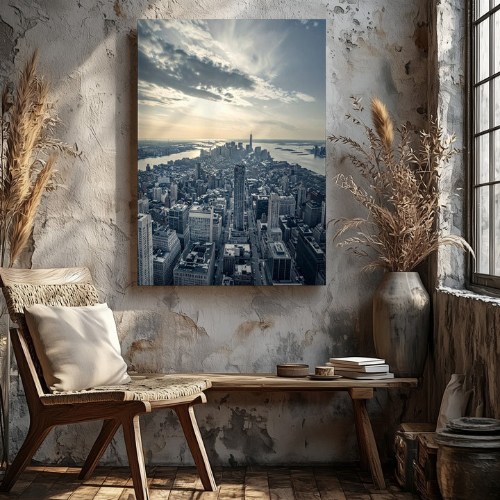 Urban Cityscape at Sunset Canvas – Aerial View of Skyline and River - Gifitto