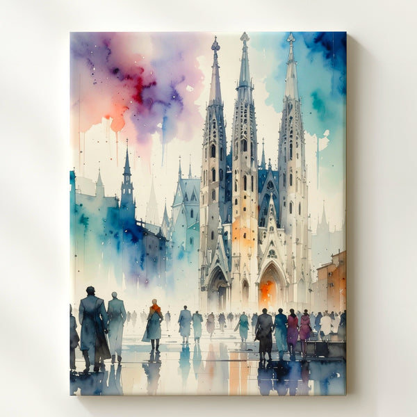 Contemporary Cathedral Watercolor Canvas – Spiritual Architecture and Human Presence - Gifitto