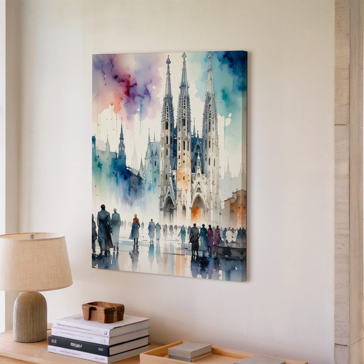 Contemporary Cathedral Watercolor Canvas – Spiritual Architecture and Human Presence - Gifitto