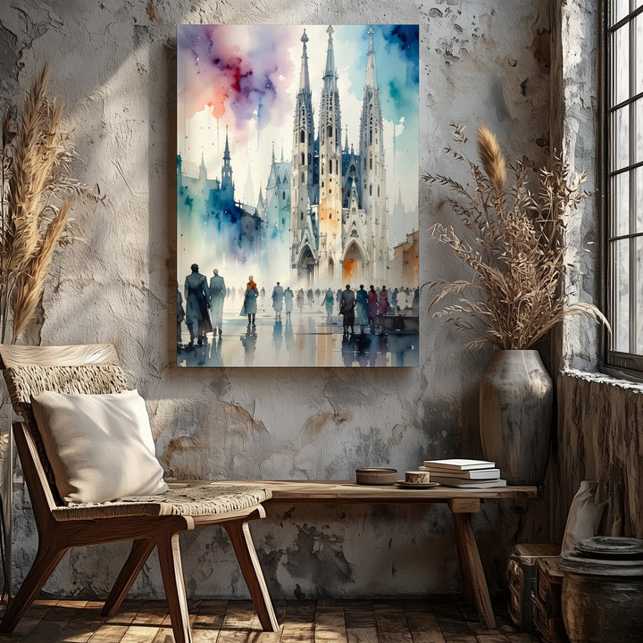 Contemporary Cathedral Watercolor Canvas – Spiritual Architecture and Human Presence - Gifitto