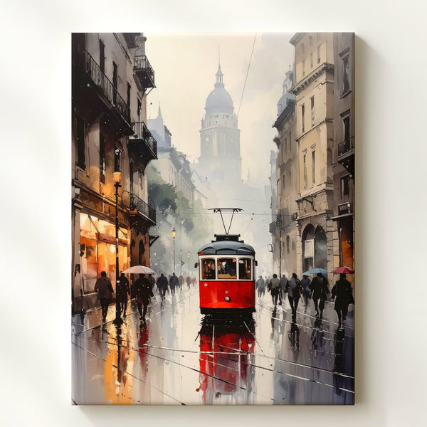 European Street Rain Canvas – Impressionist Tram Scene with Umbrellas - Gifitto
