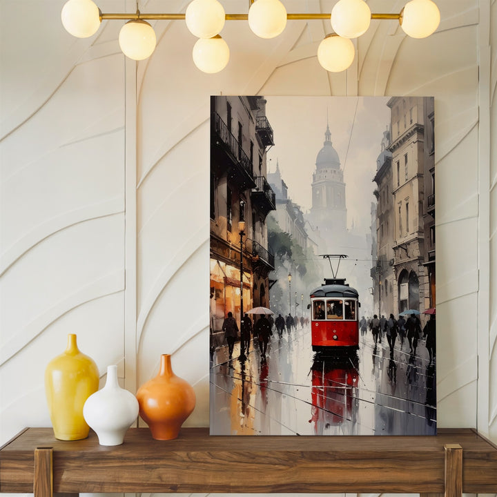 European Street Rain Canvas – Impressionist Tram Scene with Umbrellas - Gifitto