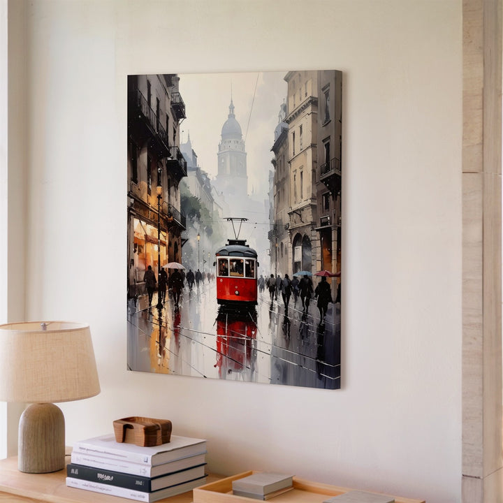 European Street Rain Canvas – Impressionist Tram Scene with Umbrellas - Gifitto