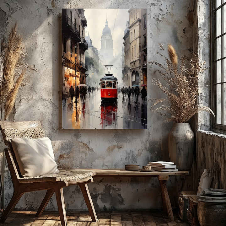 European Street Rain Canvas – Impressionist Tram Scene with Umbrellas - Gifitto