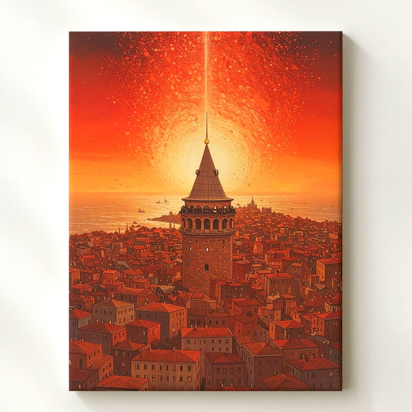 Galata Tower Radiance Canvas – Abstract Cityscape with Mystical Light - Gifitto