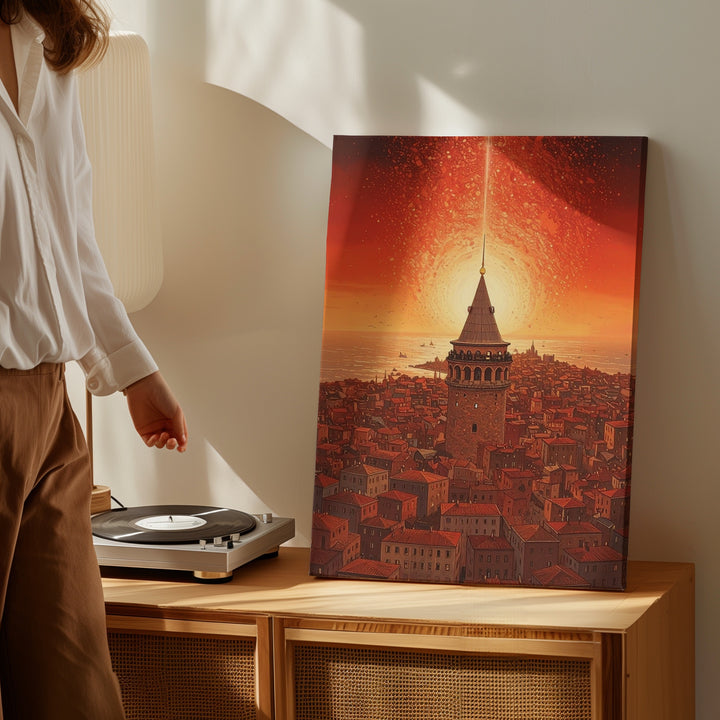 Galata Tower Radiance Canvas – Abstract Cityscape with Mystical Light - Gifitto