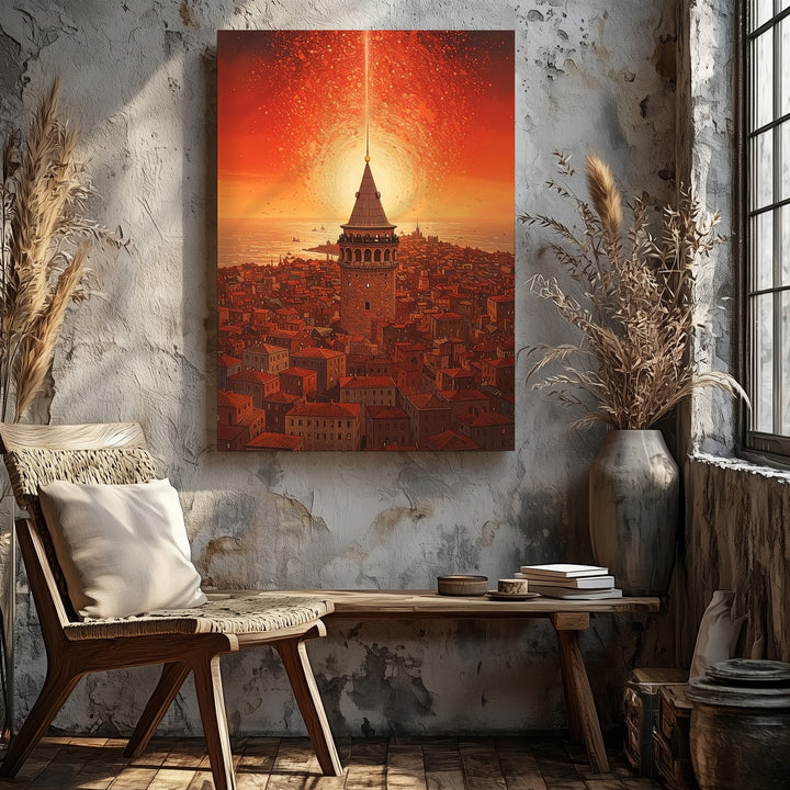 Galata Tower Radiance Canvas – Abstract Cityscape with Mystical Light - Gifitto