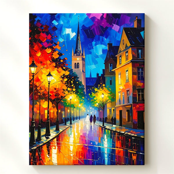 Autumn Night Walk Canvas – Impressionist Street Scene with Gothic Cathedral - Gifitto