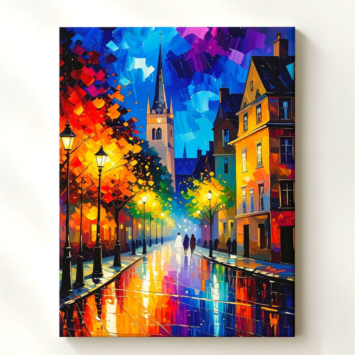 Autumn Night Walk Canvas – Impressionist Street Scene with Gothic Cathedral - Gifitto