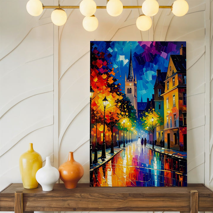 Autumn Night Walk Canvas – Impressionist Street Scene with Gothic Cathedral - Gifitto