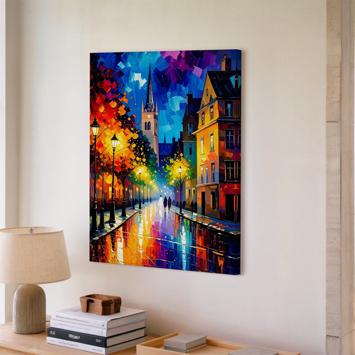 Autumn Night Walk Canvas – Impressionist Street Scene with Gothic Cathedral - Gifitto