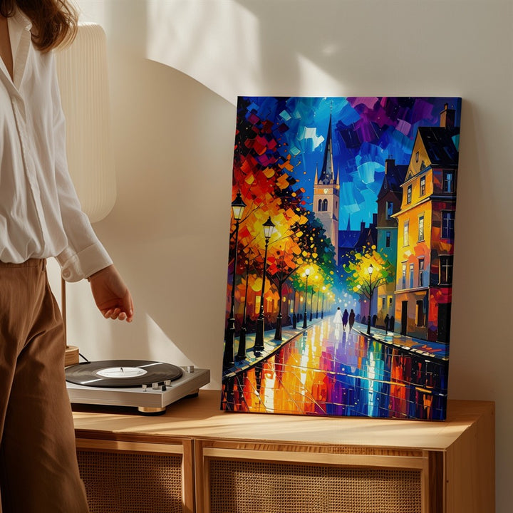Autumn Night Walk Canvas – Impressionist Street Scene with Gothic Cathedral - Gifitto