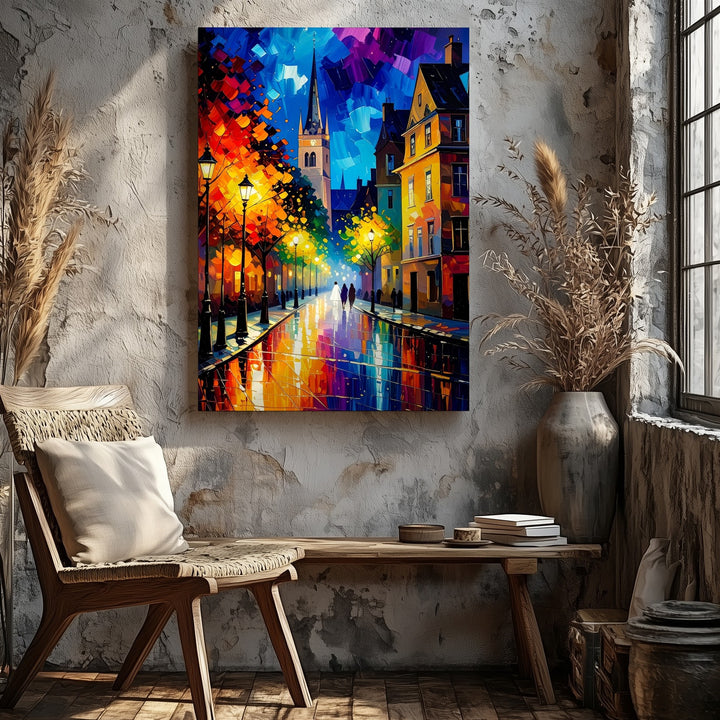 Autumn Night Walk Canvas – Impressionist Street Scene with Gothic Cathedral - Gifitto