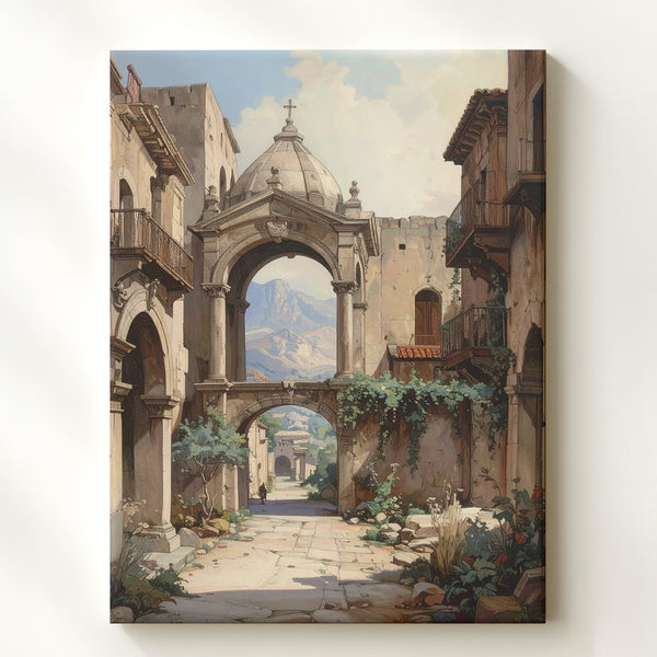 Ancient Stone City Canvas – Sepia-Toned Architectural Ruins & Distant Mountains - Gifitto