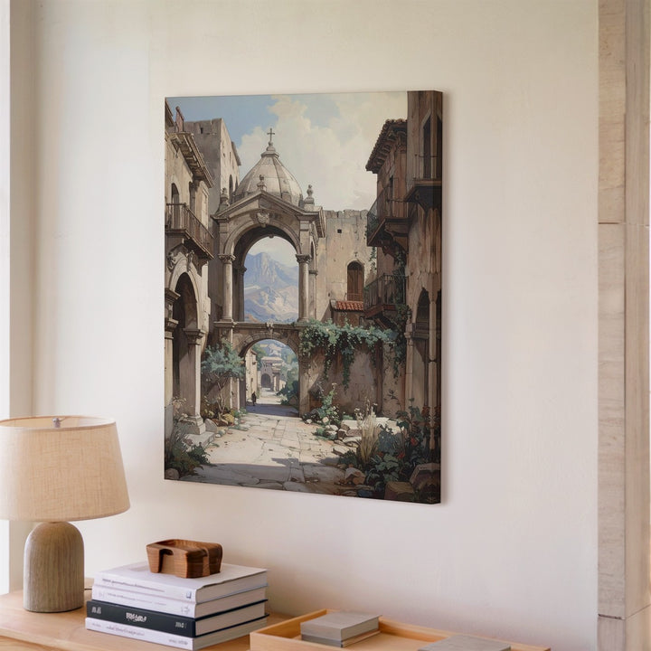 Ancient Stone City Canvas – Sepia-Toned Architectural Ruins & Distant Mountains - Gifitto