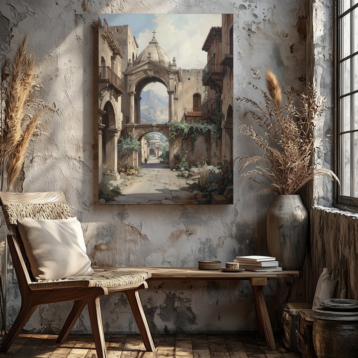 Ancient Stone City Canvas – Sepia-Toned Architectural Ruins & Distant Mountains - Gifitto