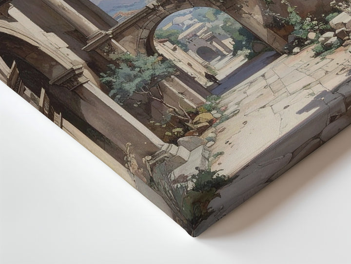 Ancient Stone City Canvas – Sepia-Toned Architectural Ruins & Distant Mountains - Gifitto