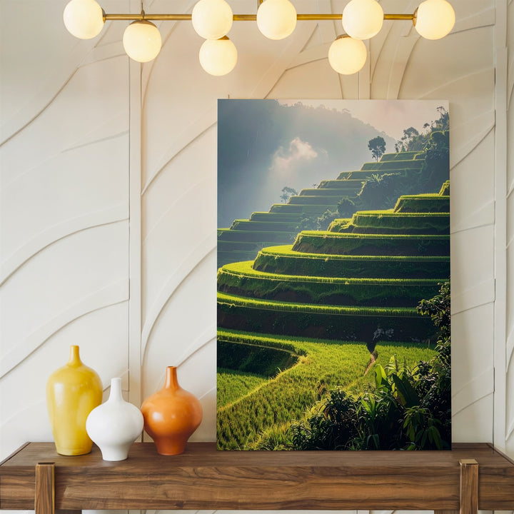 Terraced Rice Fields Canvas – Lush Green Landscape with Mist and Sunlight - Gifitto