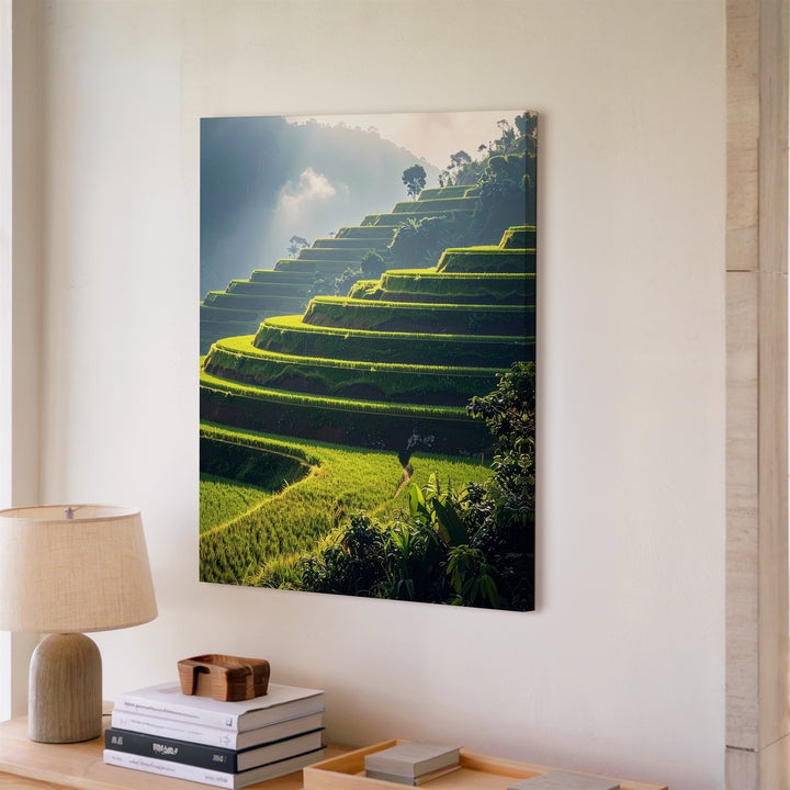 Terraced Rice Fields Canvas – Lush Green Landscape with Mist and Sunlight - Gifitto