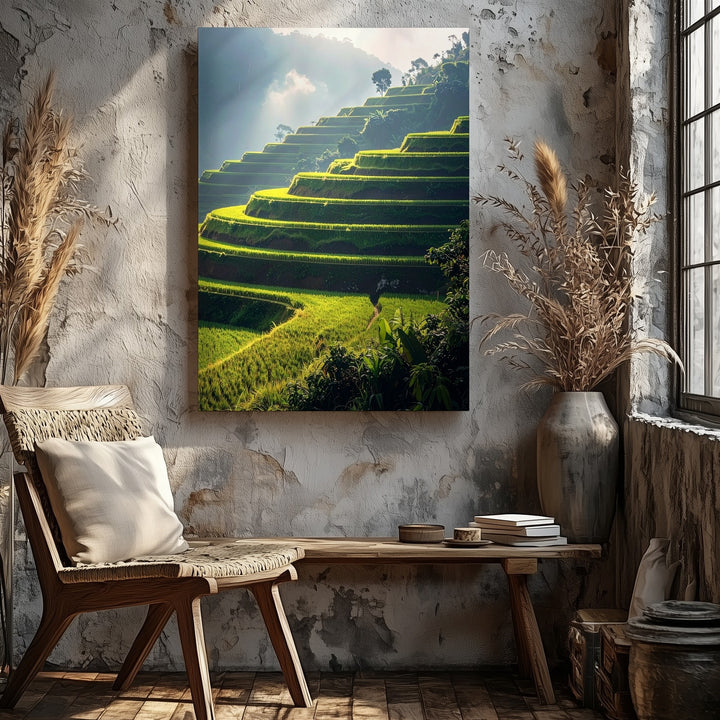 Terraced Rice Fields Canvas – Lush Green Landscape with Mist and Sunlight - Gifitto