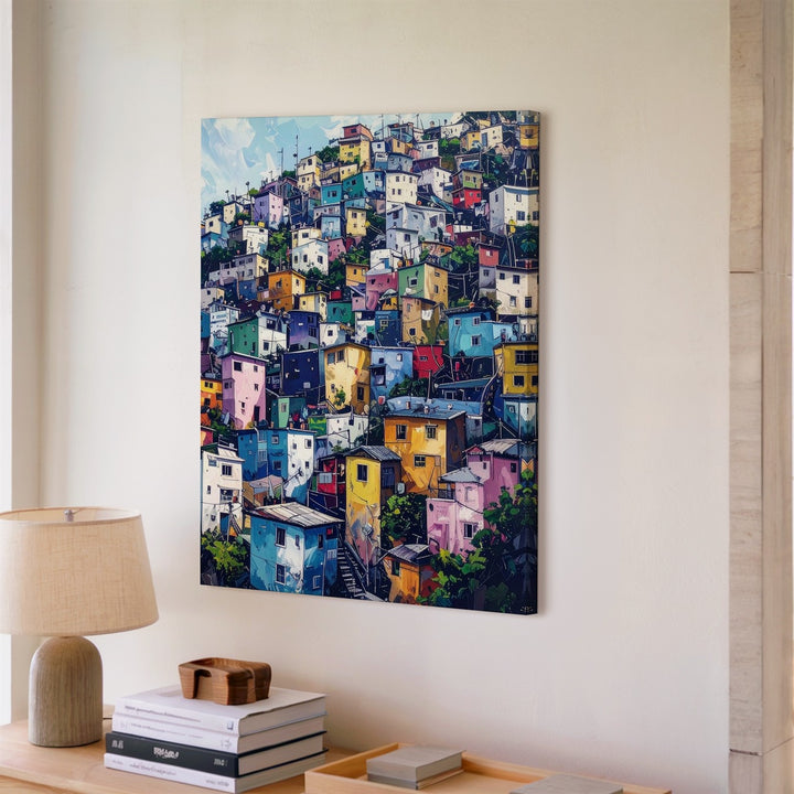 Vibrant Hillside Neighborhood Canvas – Colorful Mediterranean-Inspired Urban Scene - Gifitto