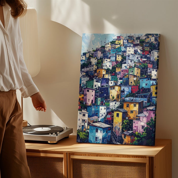 Vibrant Hillside Neighborhood Canvas – Colorful Mediterranean-Inspired Urban Scene - Gifitto