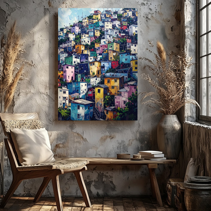 Vibrant Hillside Neighborhood Canvas – Colorful Mediterranean-Inspired Urban Scene - Gifitto
